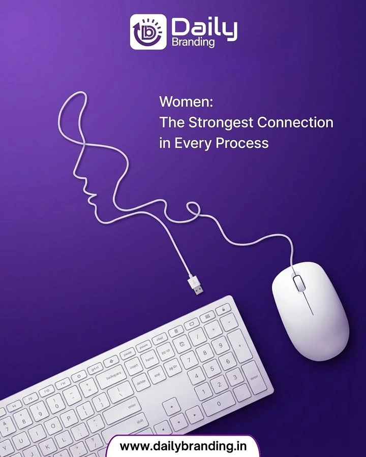 Women's Day creative ad: White USB cable shaped into a woman's face profile beside a keyboard and mouse