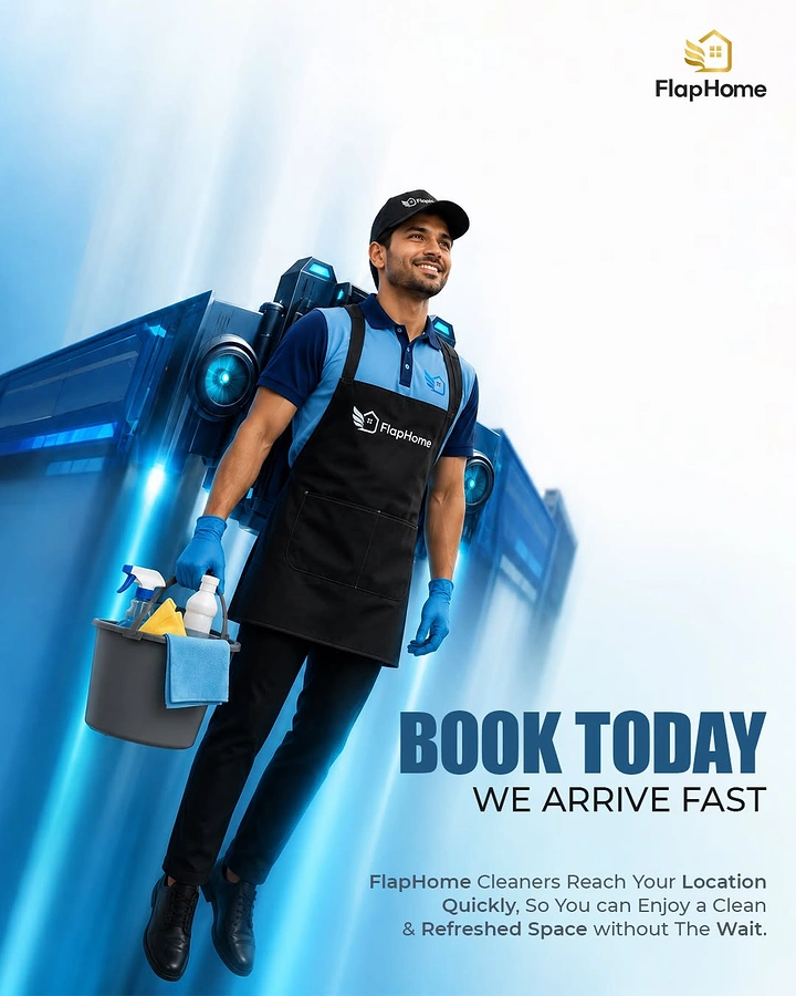 Cleaning Services creative ad: Cleaner with jetpack, arrives fast