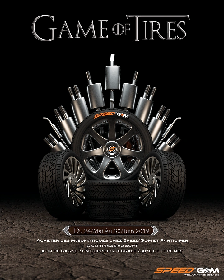 Auto Parts & Car Accessories creative ad: Throne built from tyres, alloy wheels and exhaust mufflers