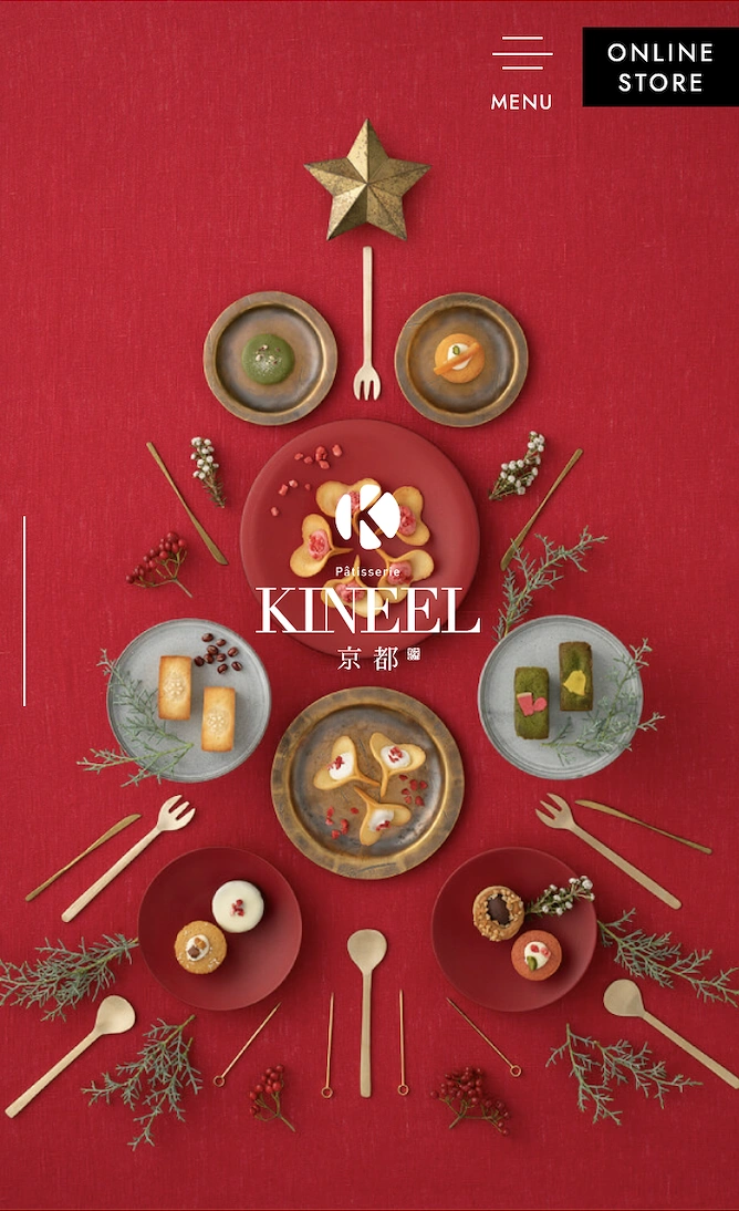 Food & Beverage creative ad: Flat-lay of pastry plates and gold cutlery arranged as a Christmas tree