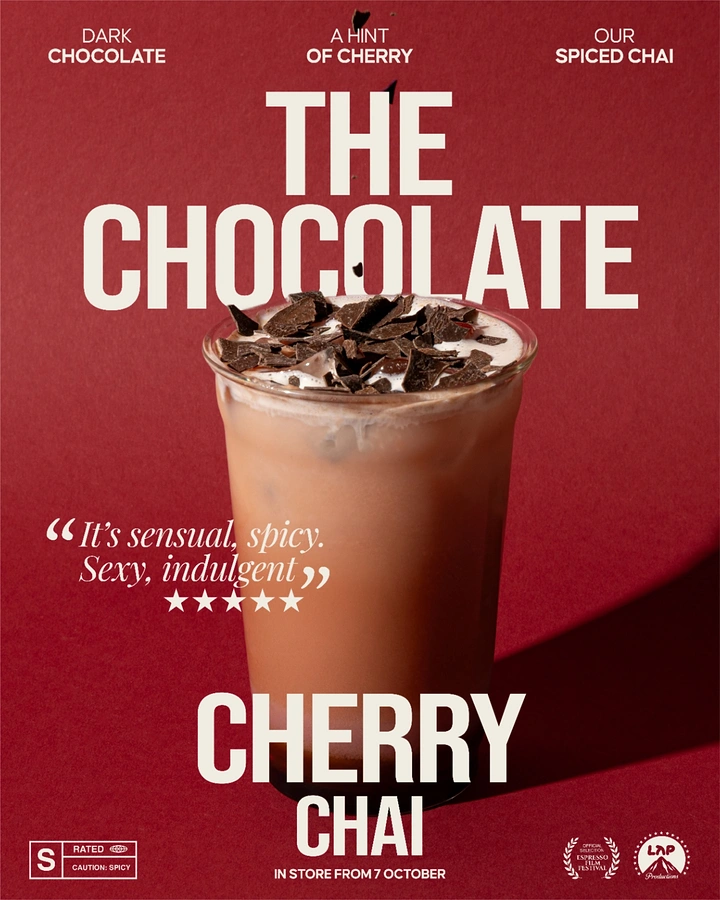 Coffee Shops creative ad: Iced cherry chocolate chai topped with chocolate shavings