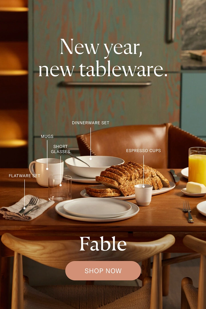 New Year creative ad: Styled breakfast table with matte ceramic tableware