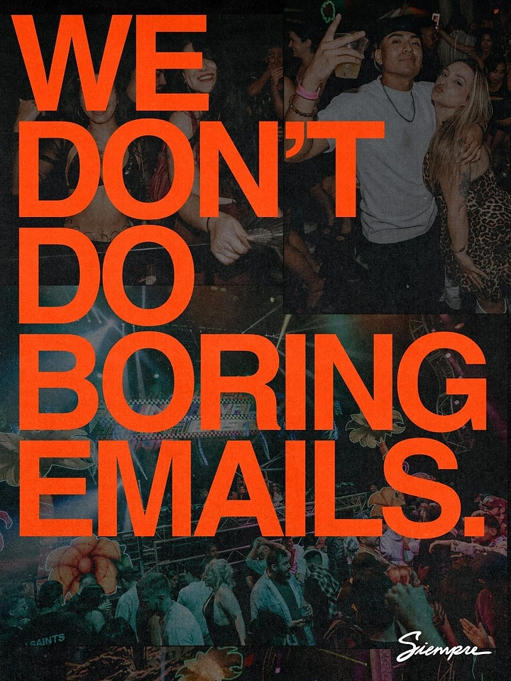 Agency creative ad: Bold type over party photo, witty copy