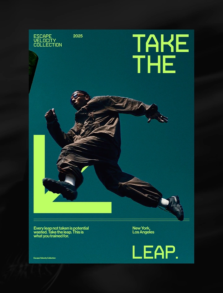 Sneakers & Footwear creative ad: Athlete in brown utility jumpsuit leaping mid-air