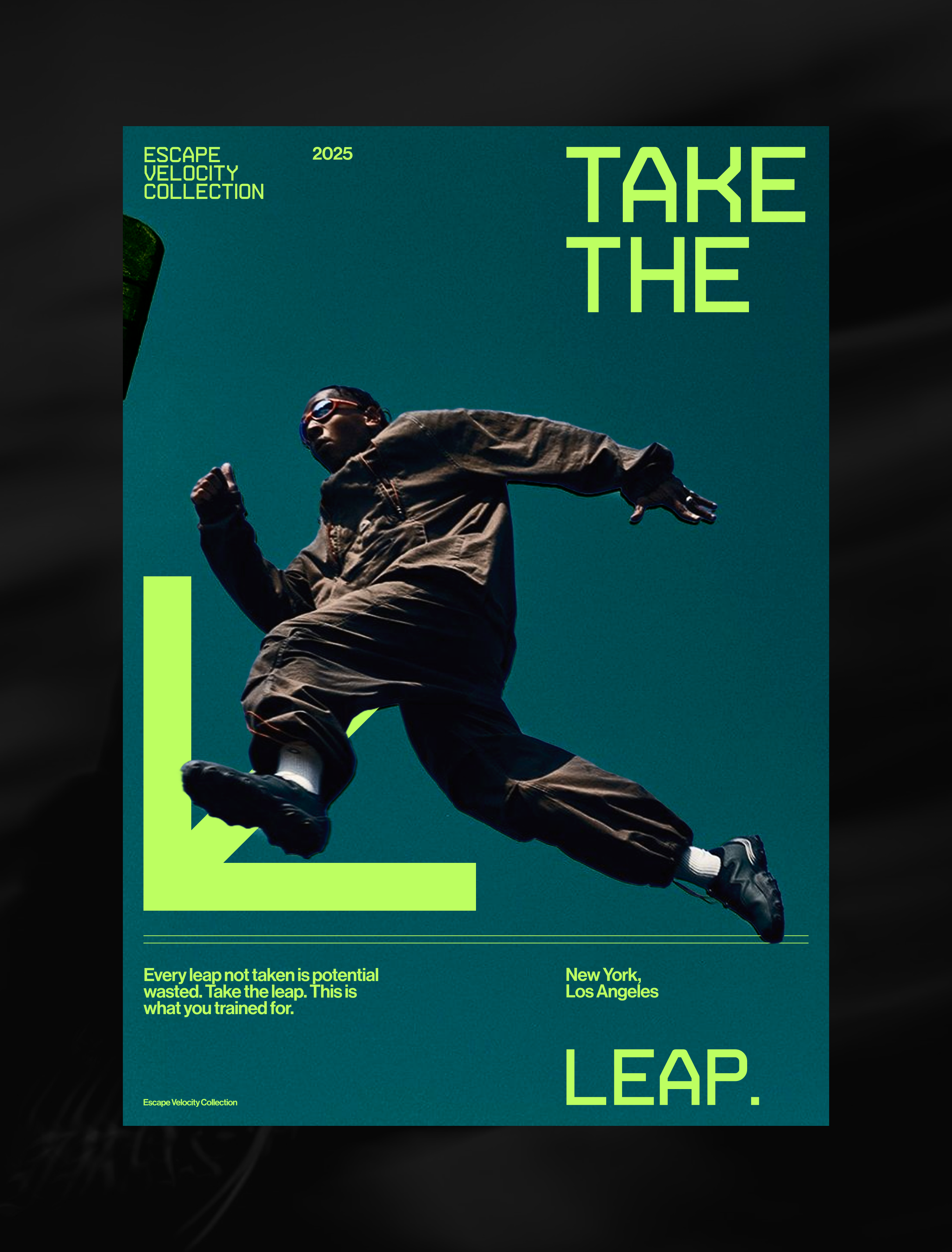 Poster: Athlete in brown utility jumpsuit leaping mid-air