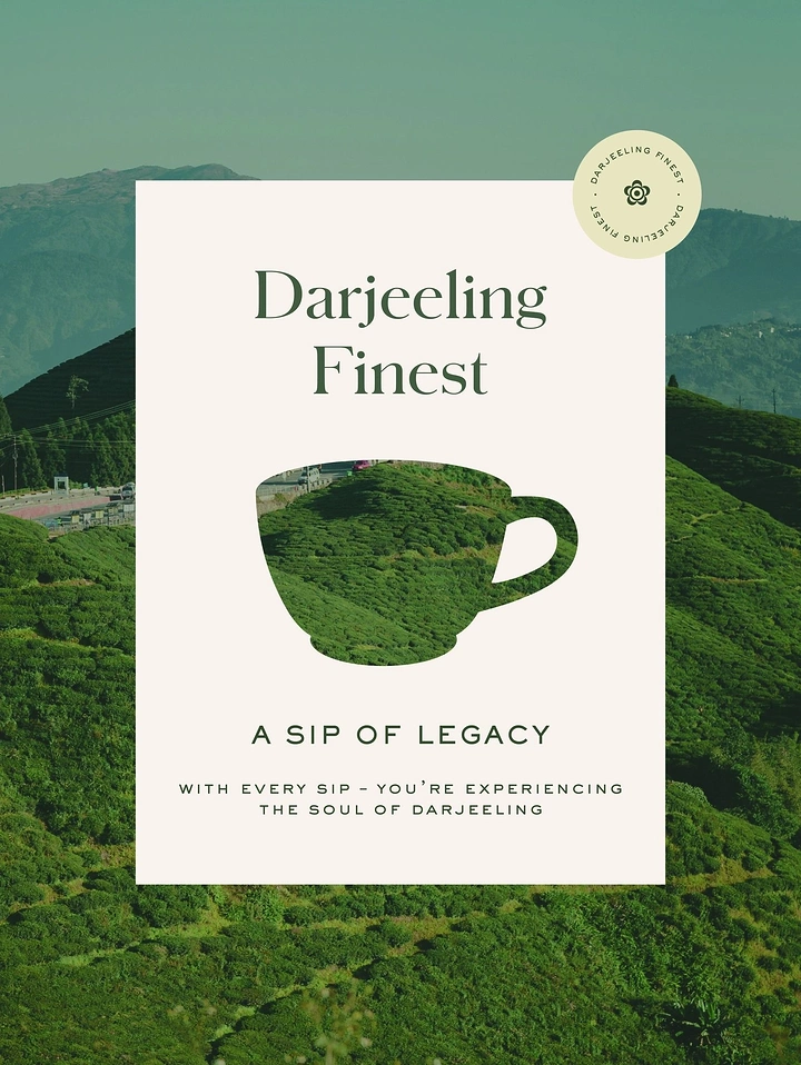 Tea & Chai Brands creative ad: Teacup silhouette cut out of an off-white card, revealing Darjeeling tea hills