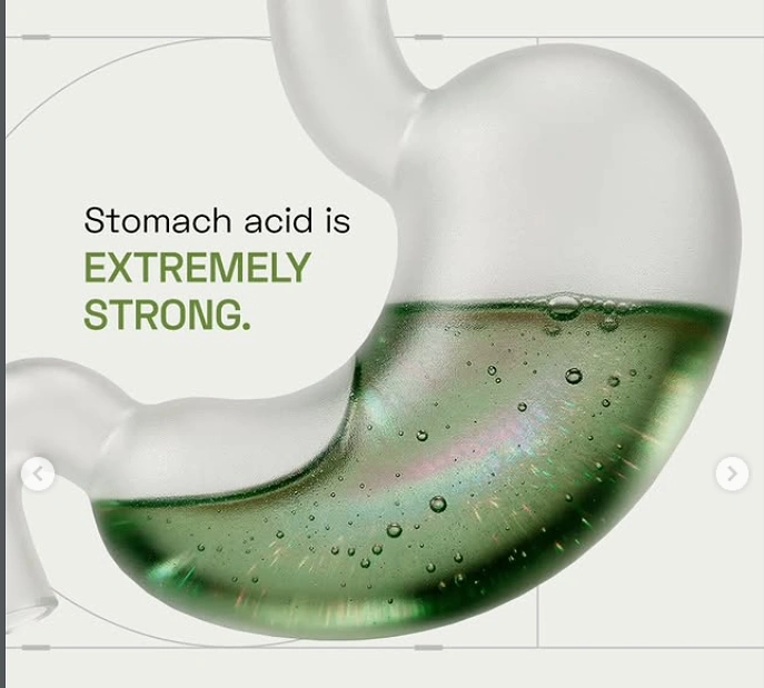 Supplements & Protein creative ad: Frosted glass stomach half-filled with green acid