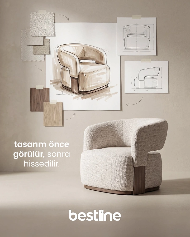 Creative ad: Boucle armchair in front of its pinned design sketches