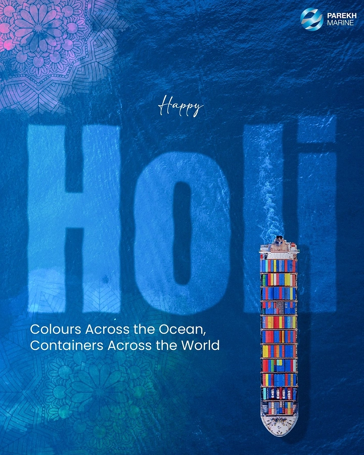 Holi creative ad: Top-down view of a container ship carrying colourful containers, forming the letter i in a giant word set into the ocean