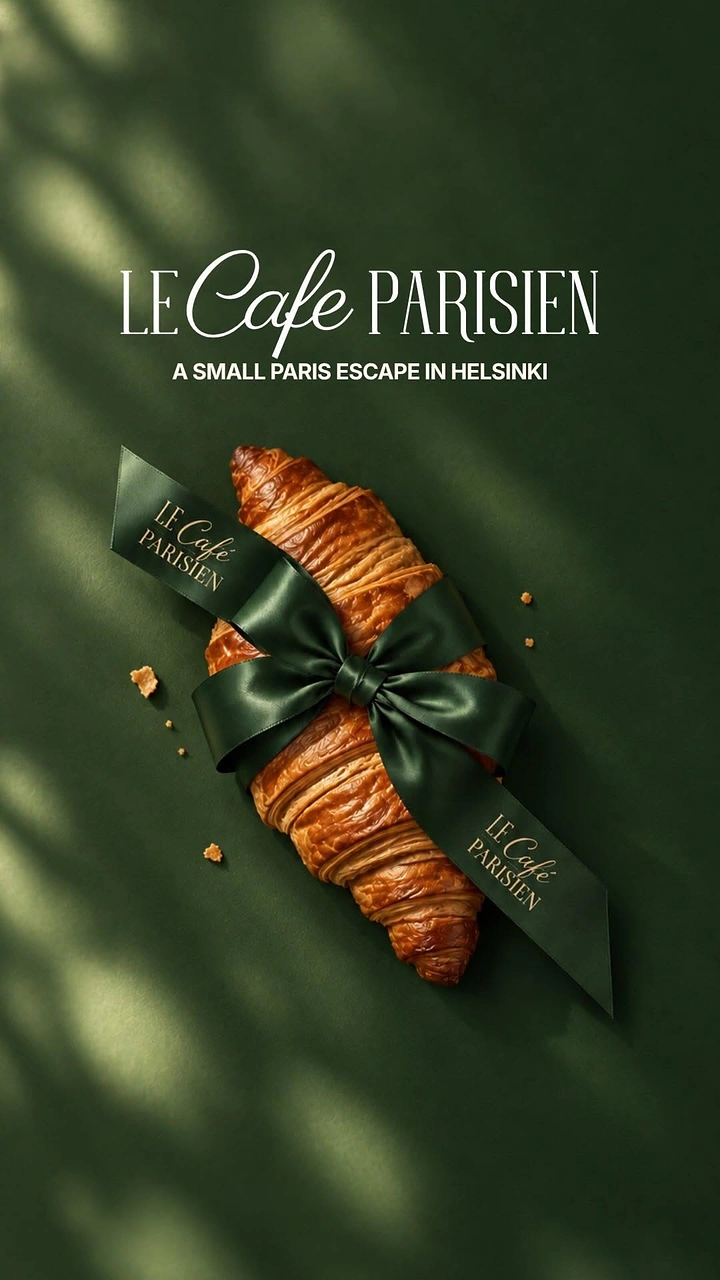 Creative ad: Croissant tied with a branded green satin ribbon bow