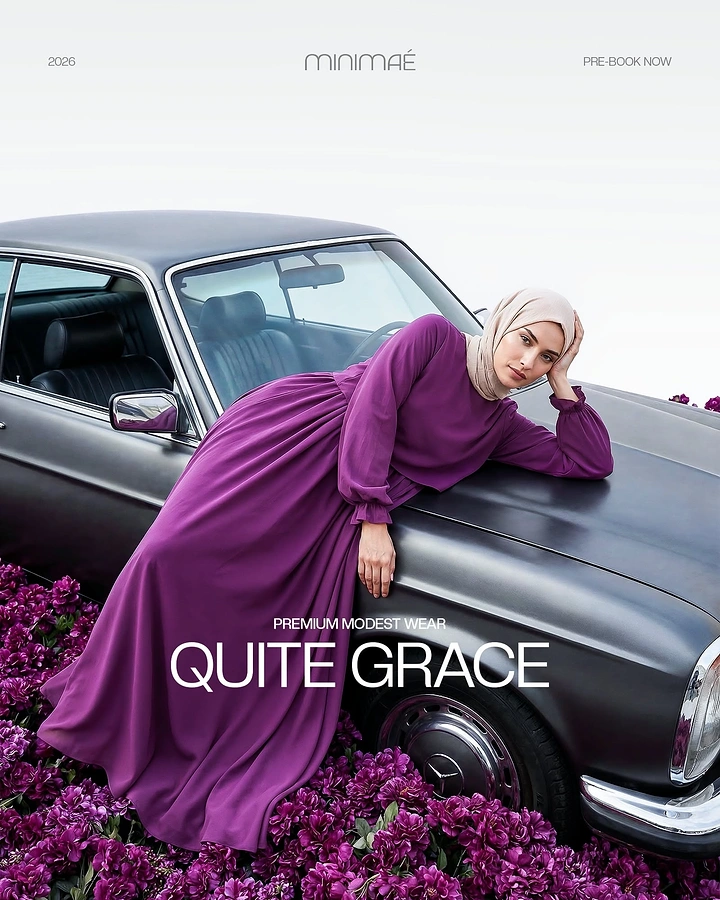 Modest Fashion, Hijabs & Abayas creative ad: Hijab-wearing model in plum maxi dress reclining on a vintage black sedan in a bed of magenta flowers