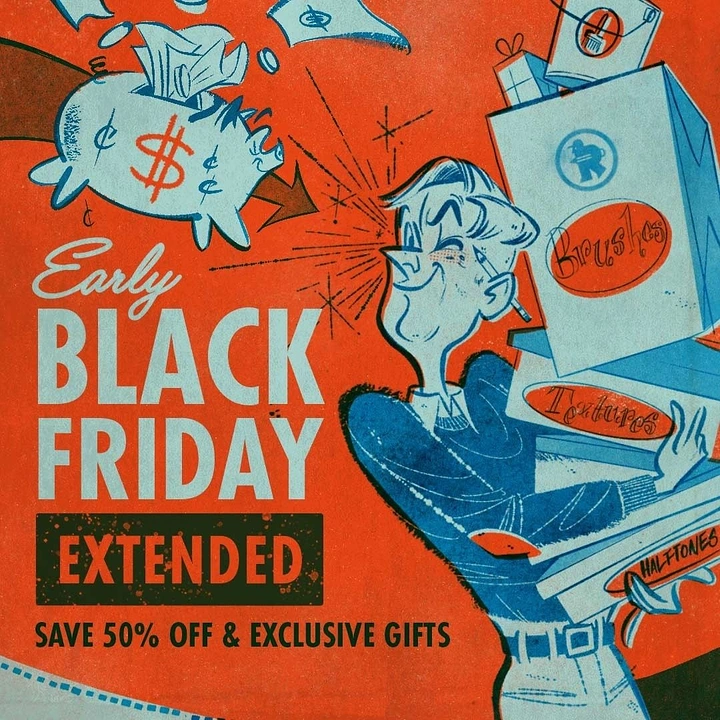 Black Friday creative ad: Mid-century cartoon man carrying a tall stack of product boxes past a flying piggy bank