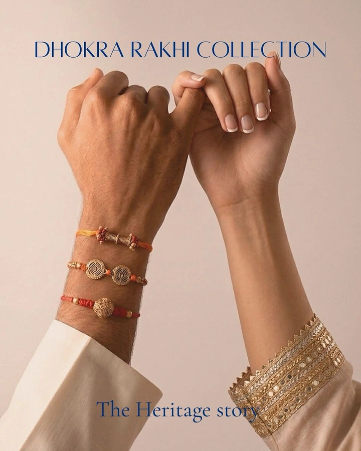 Raksha Bandhan creative ad: Brother and sister hands linking pinkies, his wrist stacked with dhokra rakhis