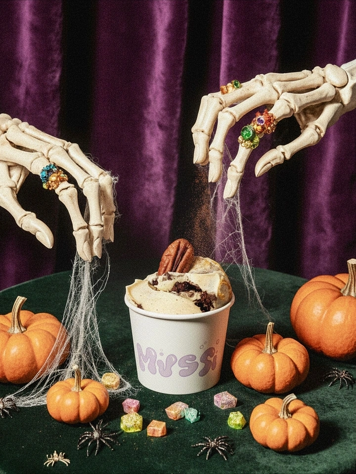 Halloween creative ad: Ice cream cup topped with a pecan, framed by skeleton hands