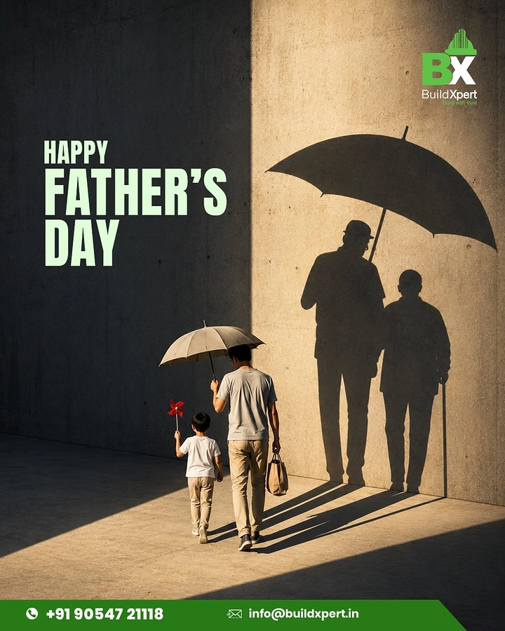 Father's Day creative ad: Father and son under an umbrella casting a shadow of a grown son sheltering his elderly father