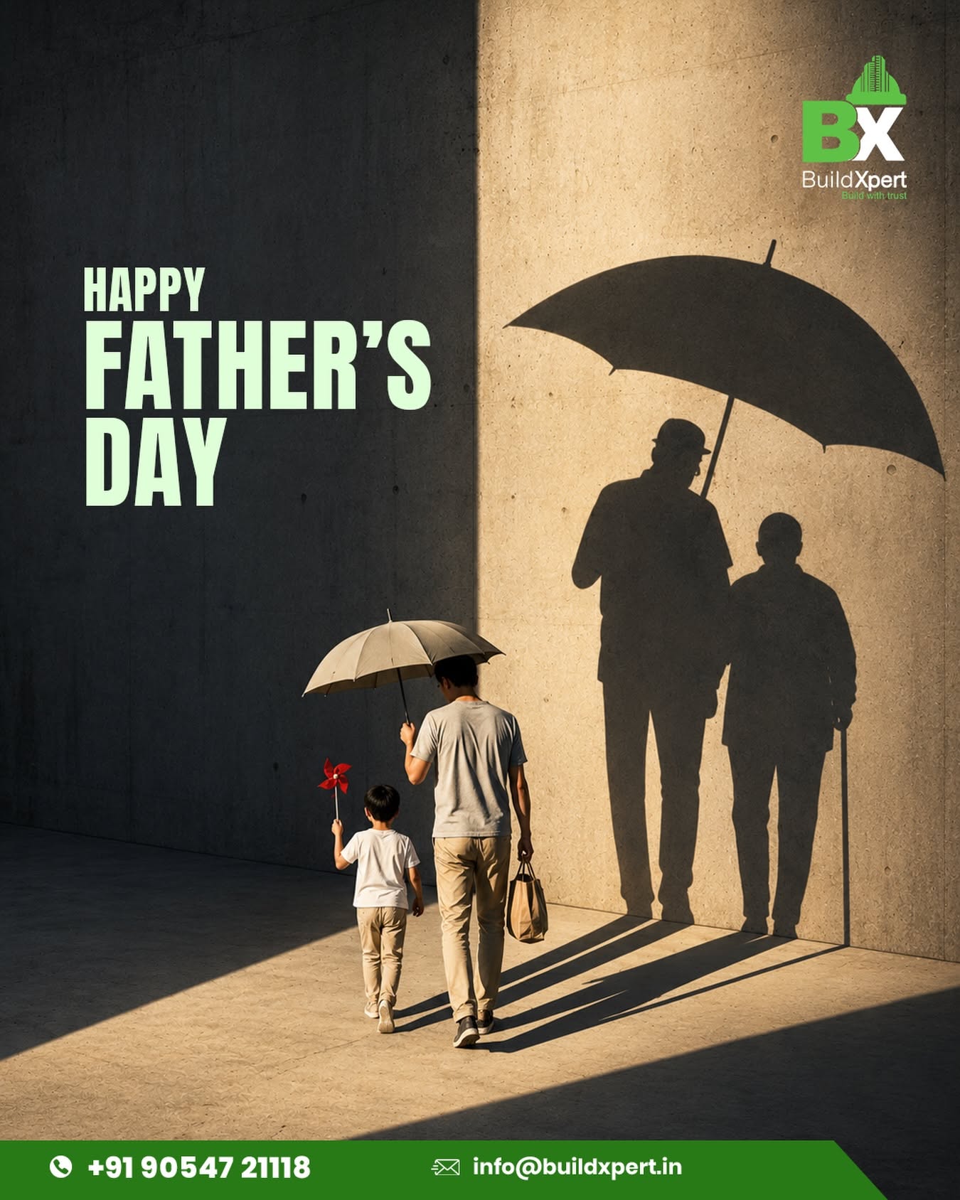 Father and son under an umbrella casting a shadow of a grown son sheltering his elderly father