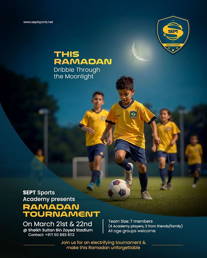 Ramadan creative ad: Kids in yellow kits dribbling a football under a crescent moon