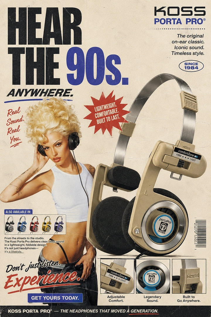 Electronics creative ad: Retro on-ear headphones with a blonde model wearing them