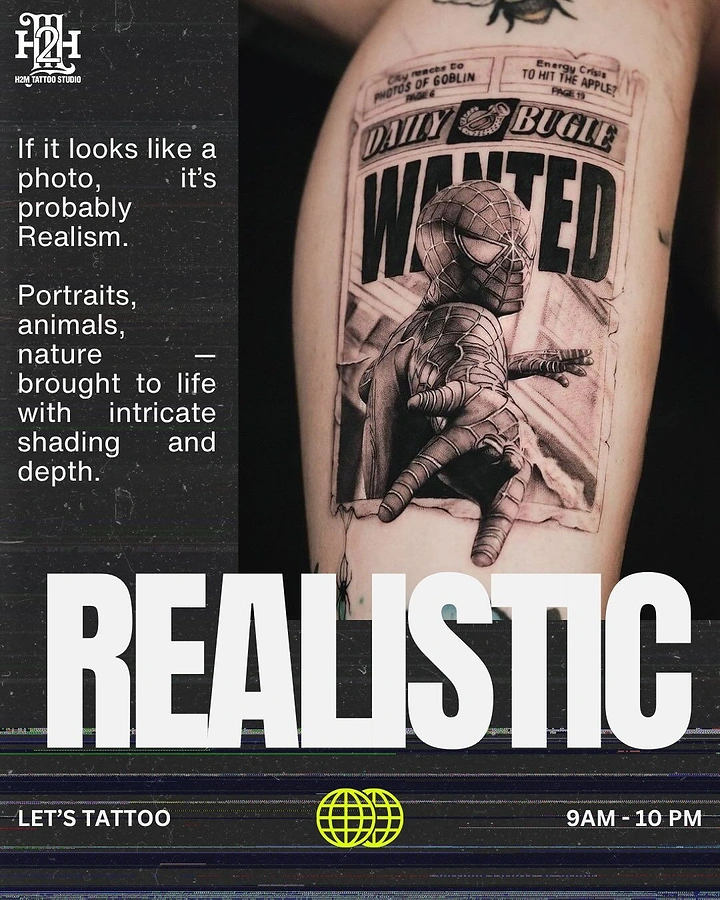 Tattoo Studios creative ad: Realism tattoo mimics photo, witty copy