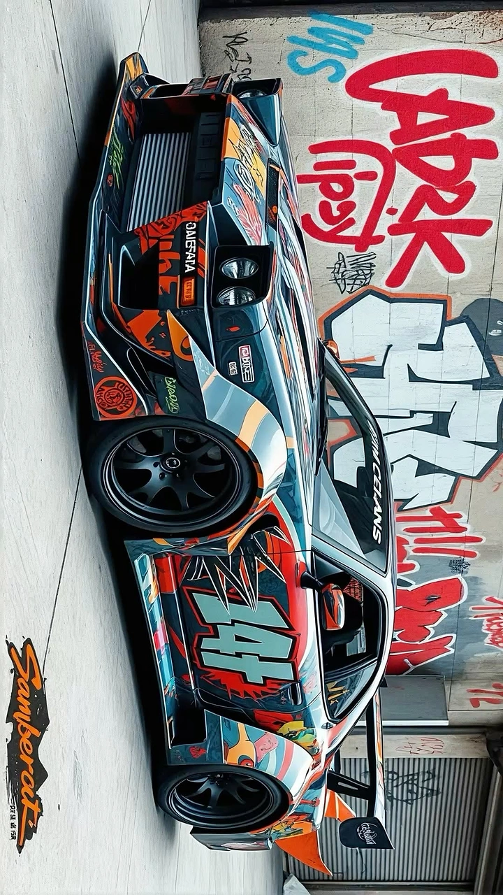 Window Tinting & Car Wraps creative ad: Rotated car becomes graffiti composition