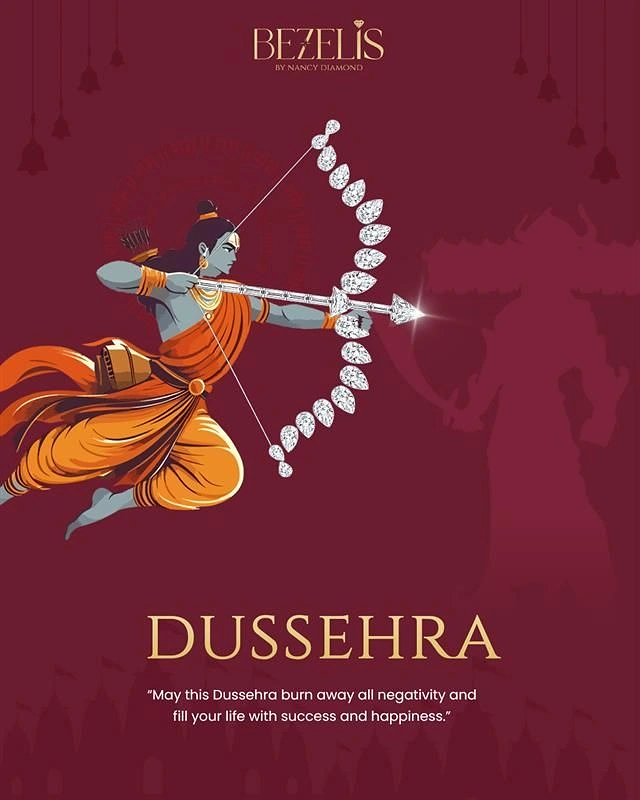 Dussehra creative ad: Lord Rama drawing a bow made of pear-cut diamonds