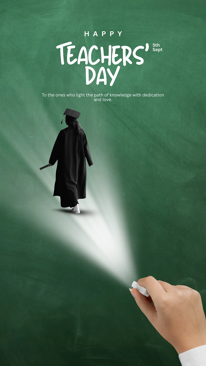 Teachers Day creative ad: Hand holding chalk casting a light beam that guides a walking graduate