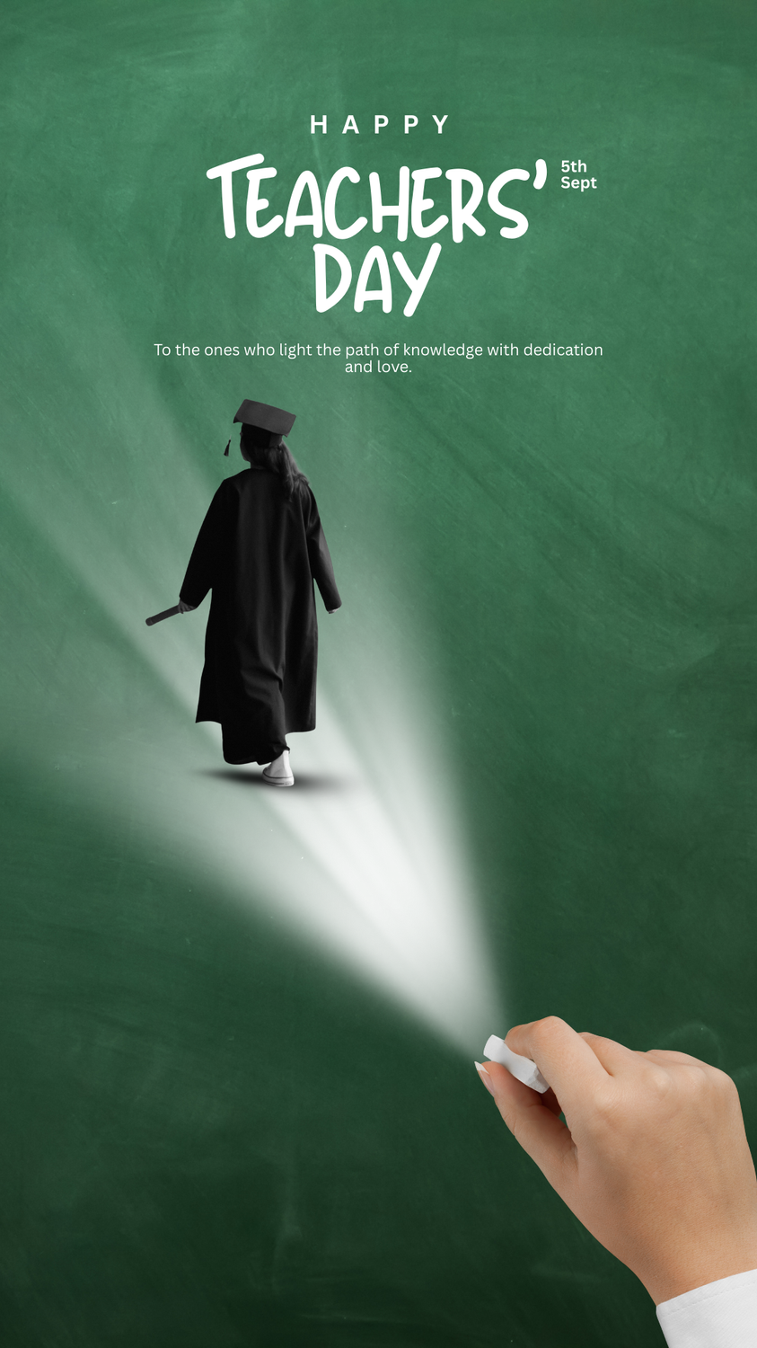 Hand holding chalk casting a light beam that guides a walking graduate