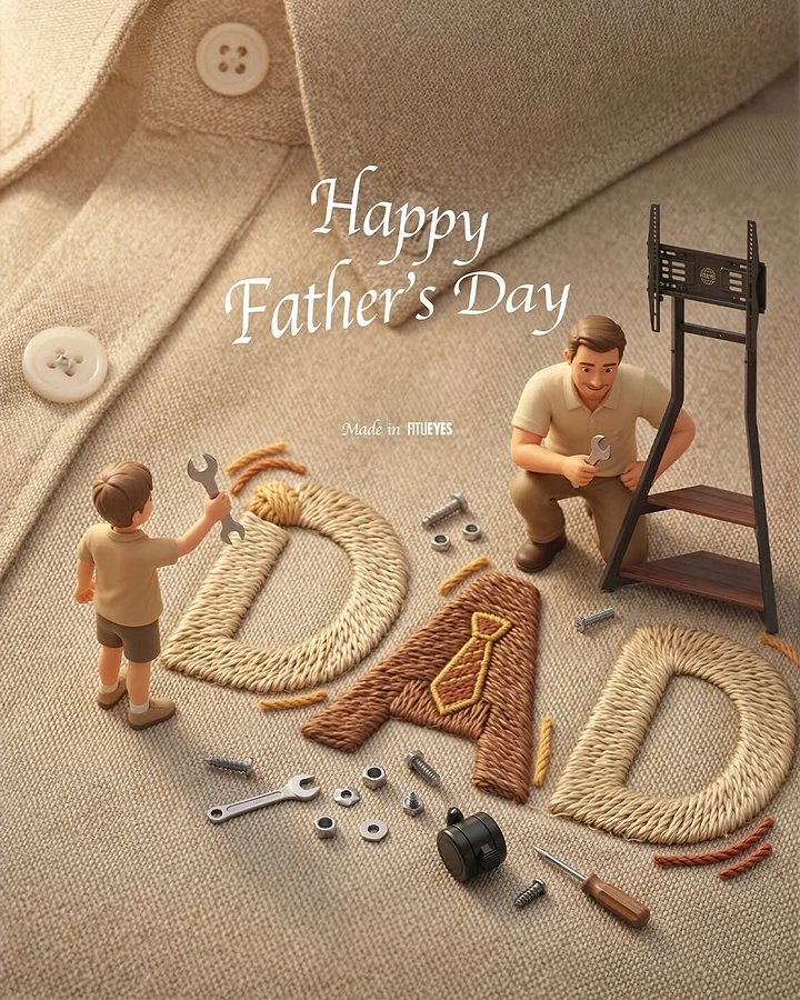 Father's Day creative ad: Miniature father and son assembling a TV stand beside embroidered DAD letters on a shirt
