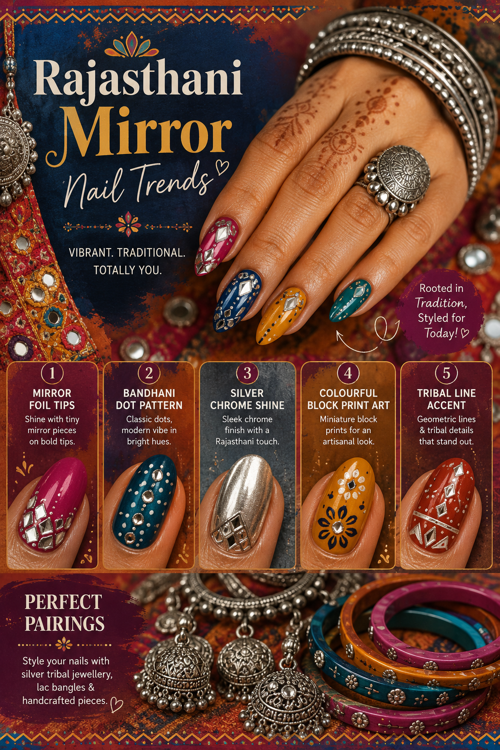 Navratri Carousel: Decorated hand with five Rajasthani-inspired nail designs