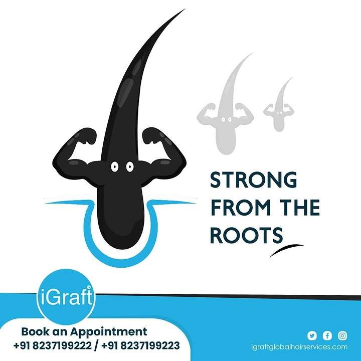 Hair Transplant & Hair Clinics creative ad: Flexing hair follicle mascot, strong roots