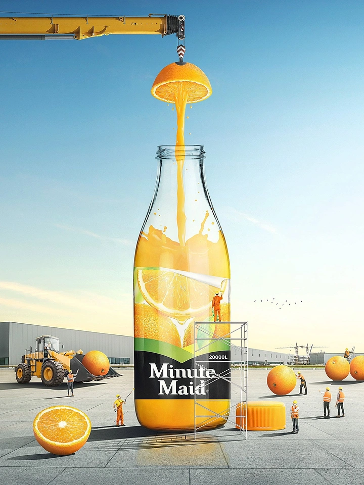 Soft Drinks & Beverages creative ad: Giant juice bottle being filled by a crane squeezing an orange