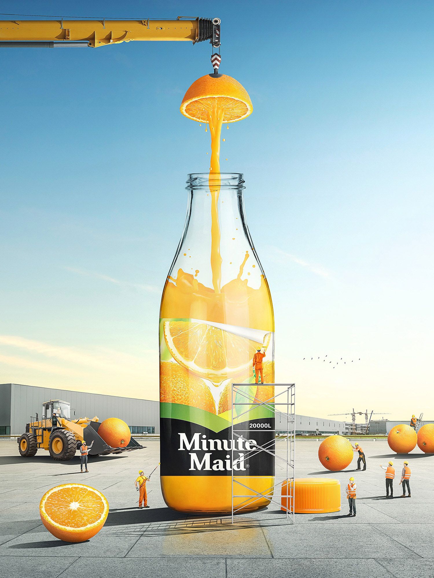 Poster: Giant juice bottle being filled by a crane squeezing an orange