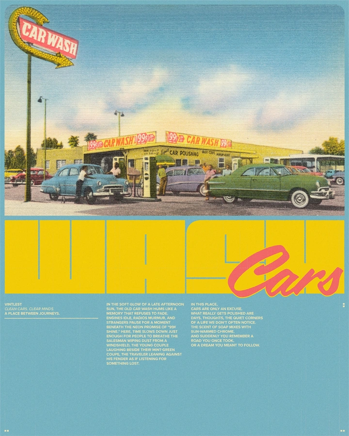 Car Wash & Detailing creative ad: Retro postcard editorial with bold type