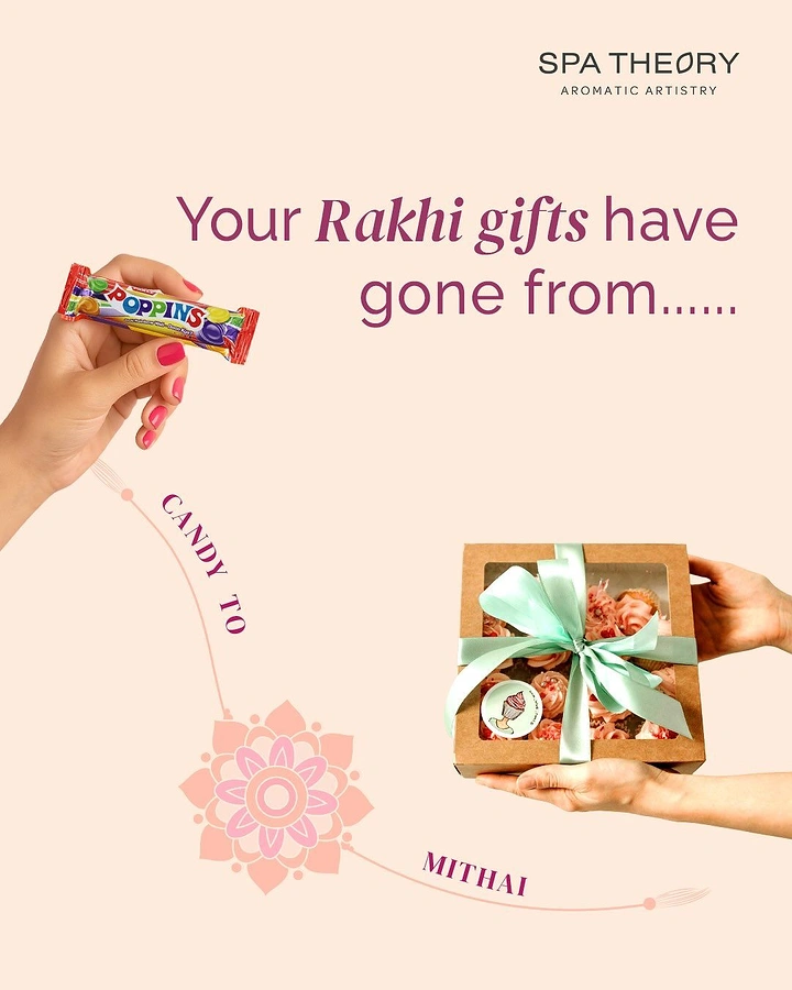 Raksha Bandhan creative ad: Hand holding candy roll vs hands holding boxed cupcake gift