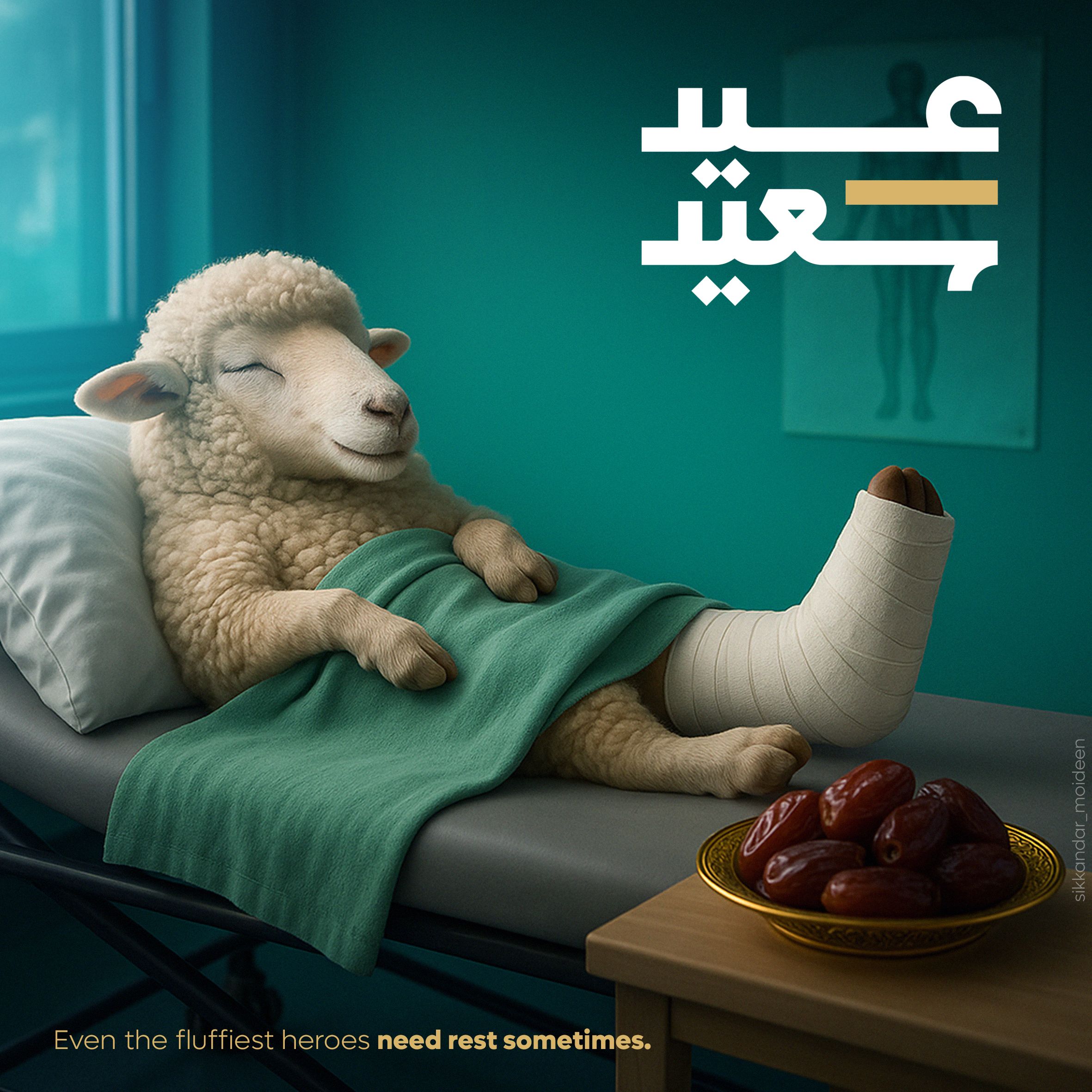 Smiling sheep resting in hospital bed with leg in cast