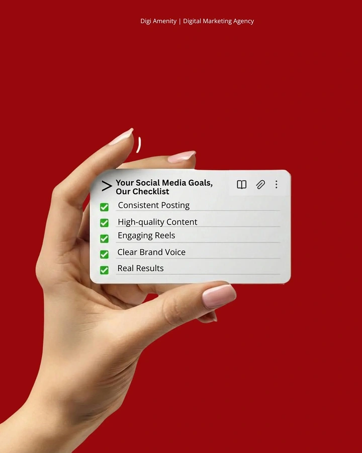 Agency creative ad: Hand holding checklist card, clean red