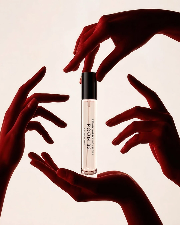 Beauty & Salon creative ad: Slim perfume vial held by four deep-red painted hands