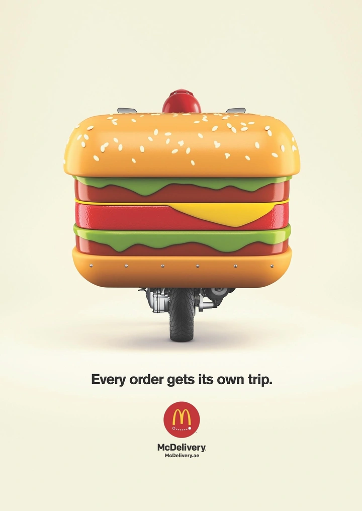 Logistics creative ad: Delivery scooter box sculpted as a burger, seen from the rear