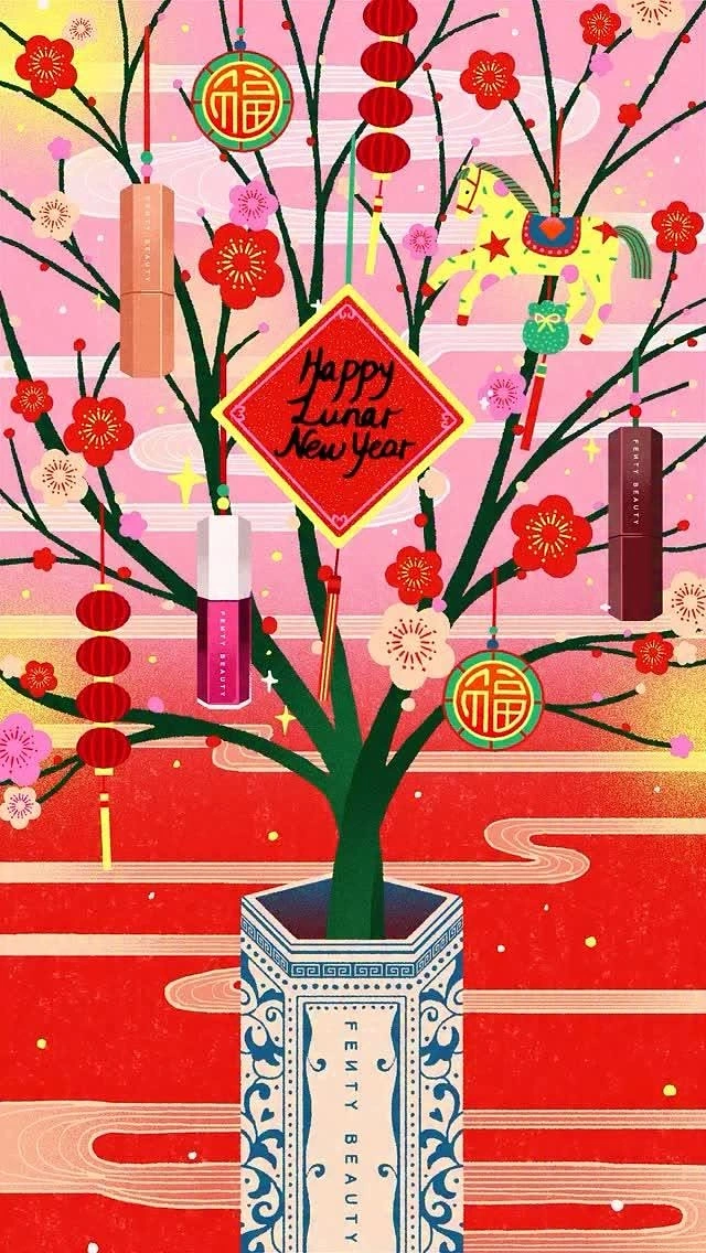 Lunar New Year creative ad: Blossom tree in porcelain vase hung with lipsticks and ornaments