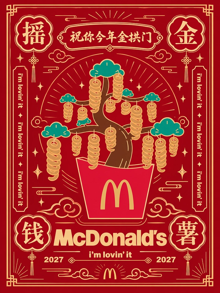 Lunar New Year creative ad: Bonsai money tree hung with curly fries growing from a red fry carton