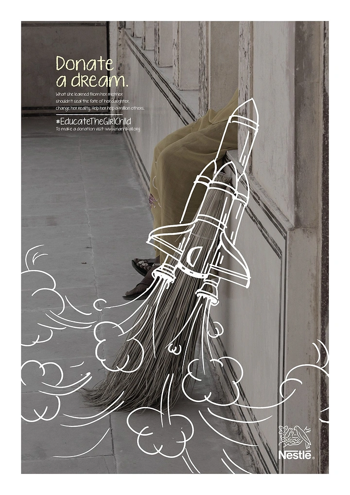 Creative ad: Broom turned into a rocket by white doodle line art