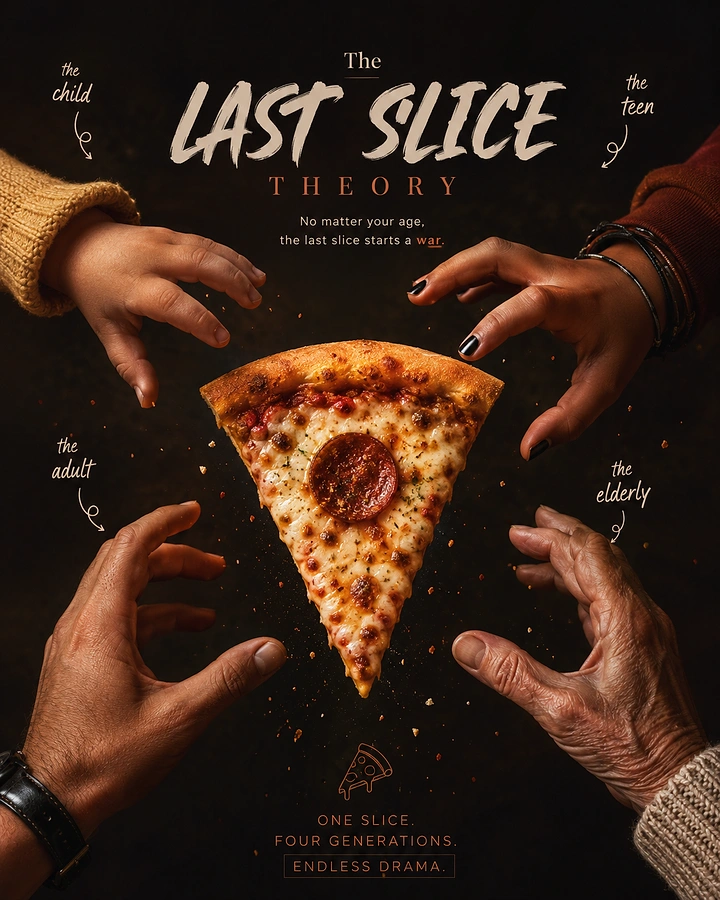 Fast Food creative ad: Four generations of hands reaching for last pizza slice