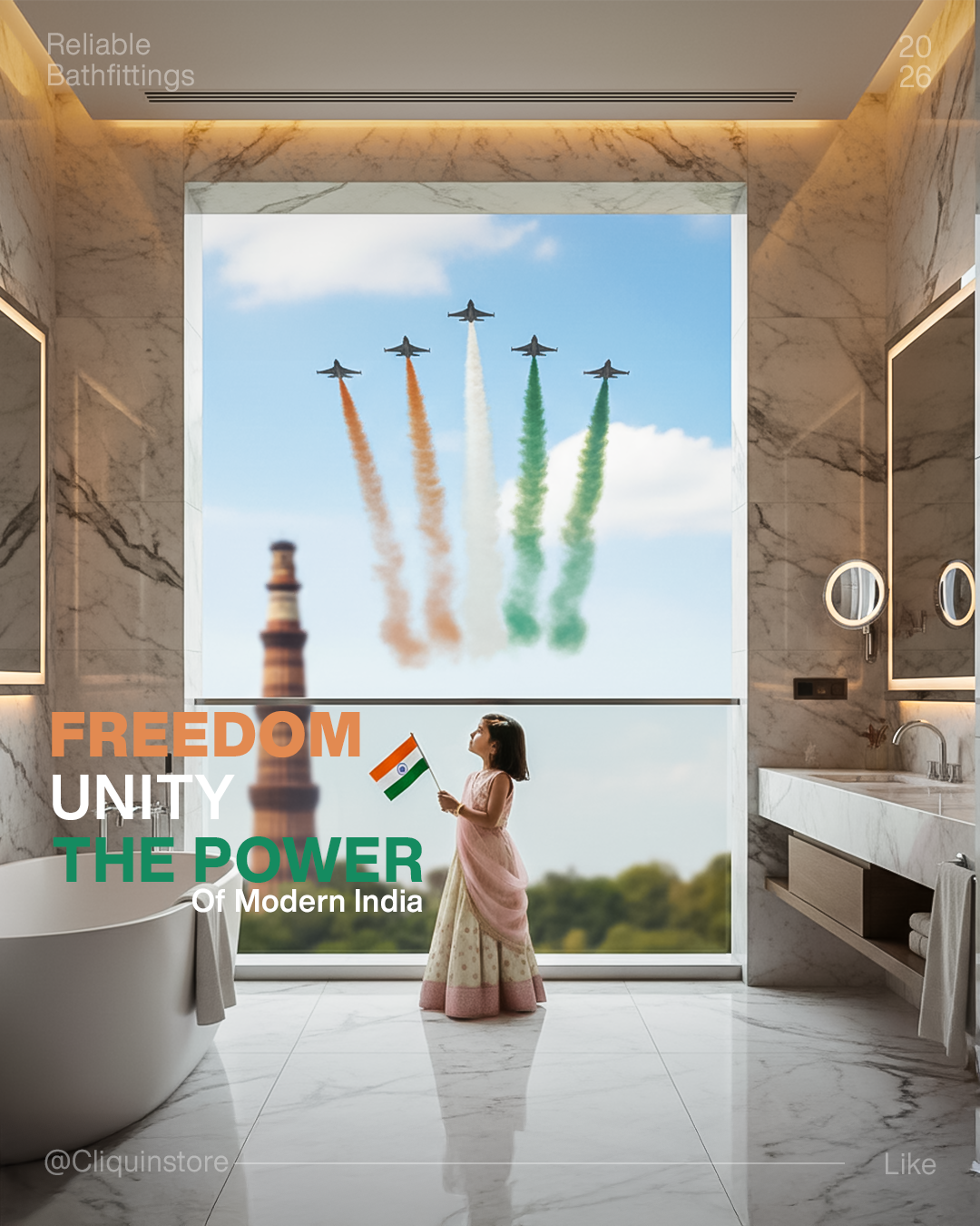 Child watching tricolor flypast through bathroom window