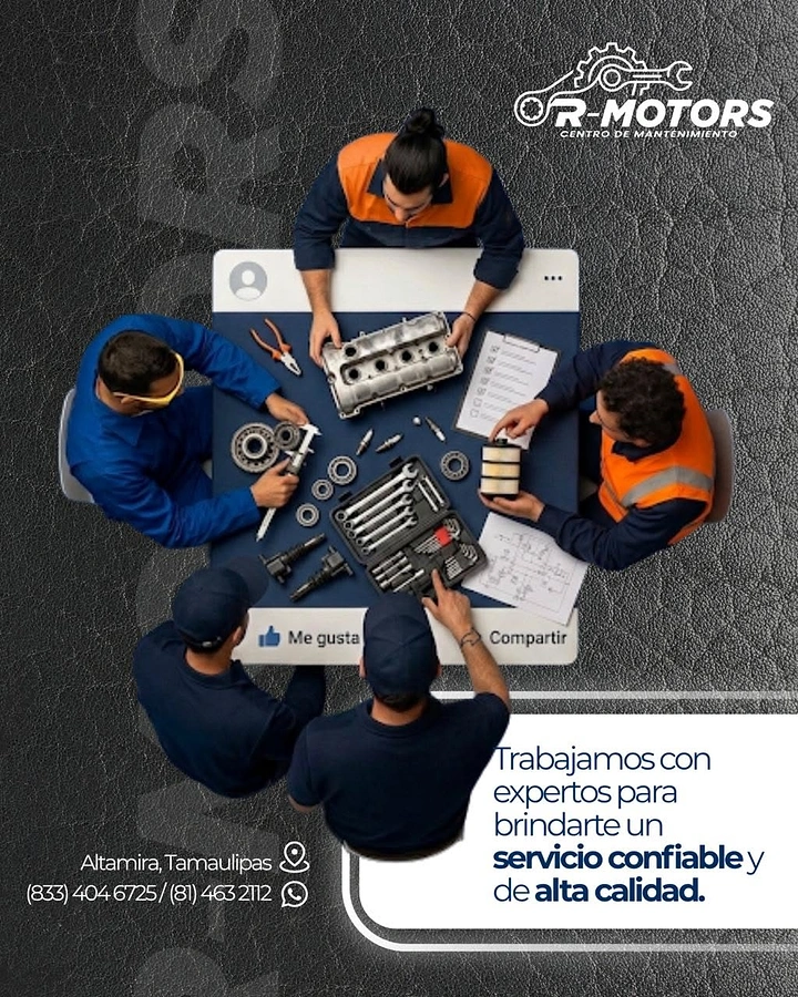 Auto Repair & Garages creative ad: Top-down engine teardown framed as social post