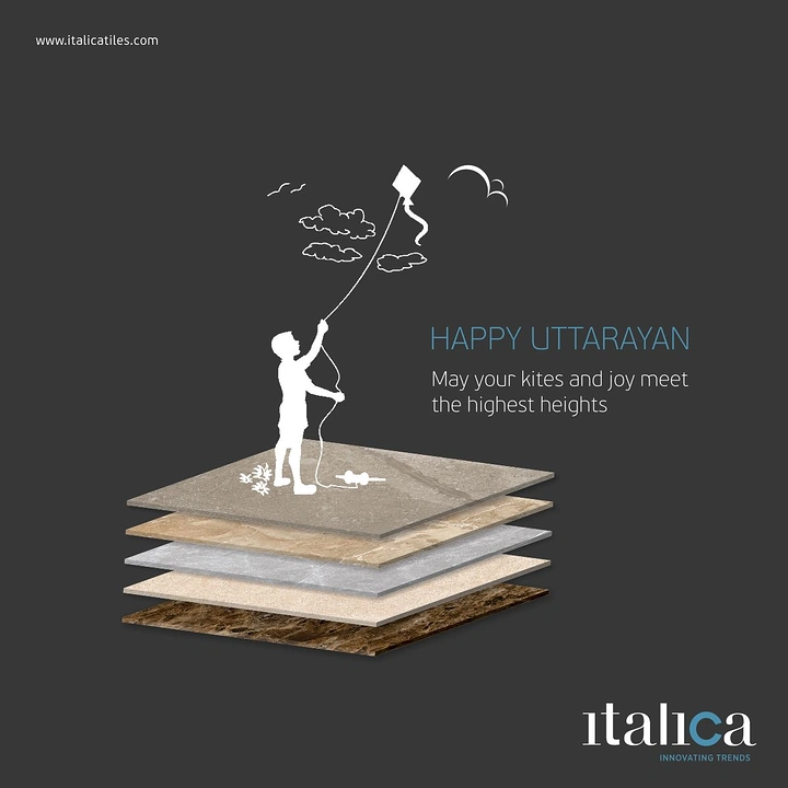 Makar Sankranti creative ad: Boy silhouette flying a kite on stacked stone tiles