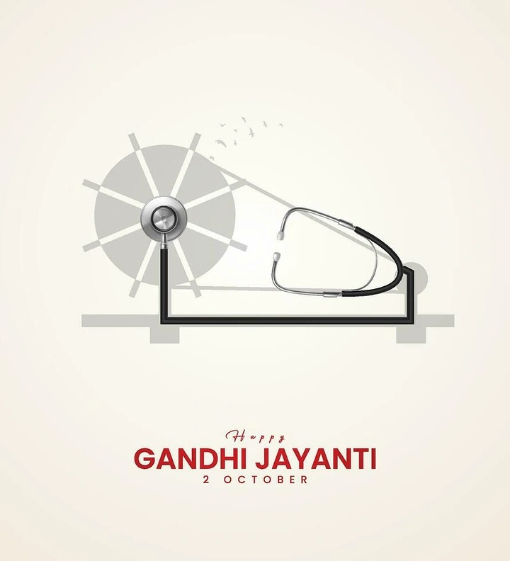 Gandhi Jayanti creative ad: Stethoscope forming the frame of a grey charkha silhouette