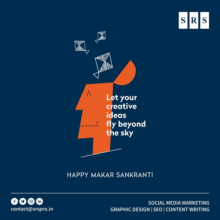 Makar Sankranti creative ad: Geometric orange head profile with kites flying out of its open top