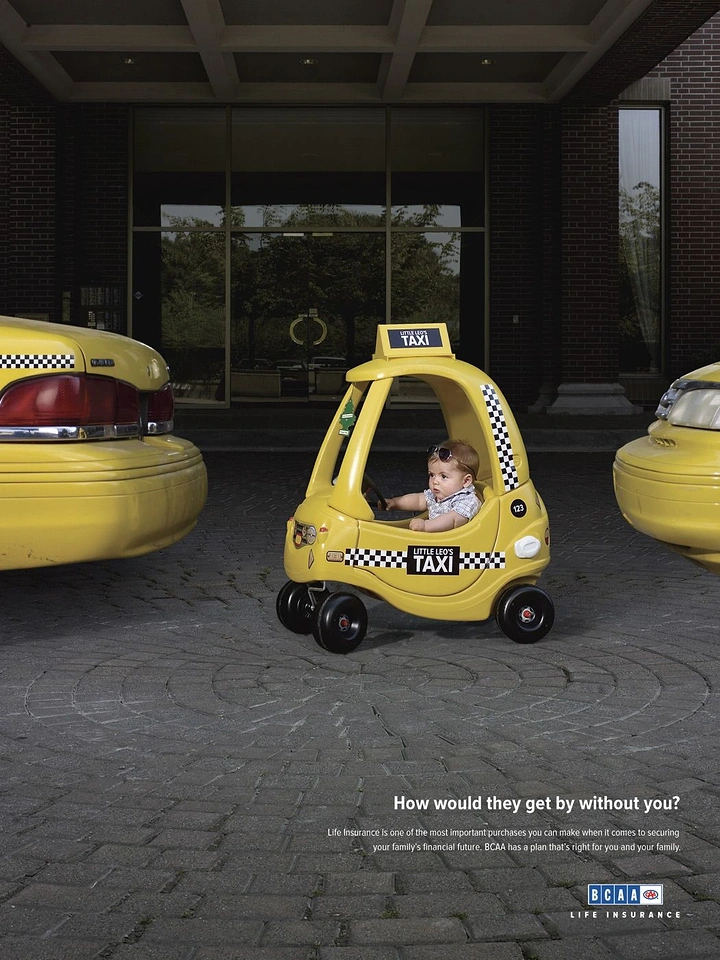 Insurance creative ad: Baby in a toy yellow taxi parked between two real taxis