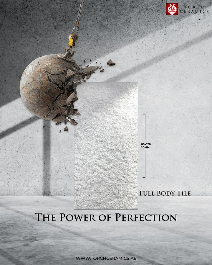 Cement, Steel & Building Materials creative ad: Wrecking ball shattering against a full-body stone tile