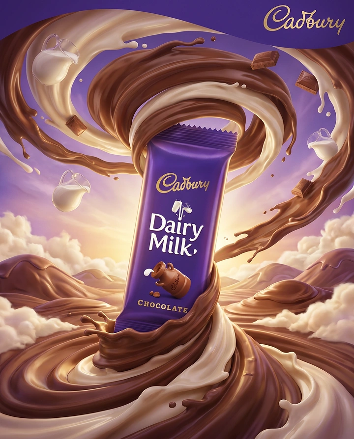 Creative ad: Chocolate bar pack inside a tornado of swirling chocolate and milk